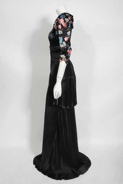 1930&#39;s Black Floral Print Silk Satin Tiered Bias-Cut Hourglass Deco Gown