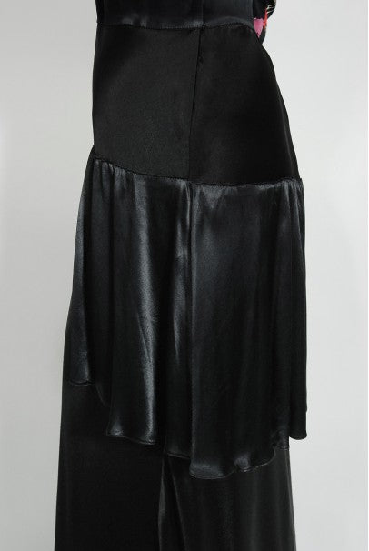 1930&#39;s Black Floral Print Silk Satin Tiered Bias-Cut Hourglass Deco Gown