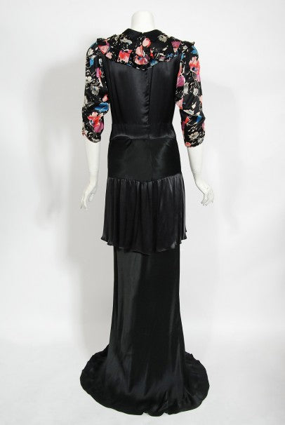 1930&#39;s Black Floral Print Silk Satin Tiered Bias-Cut Hourglass Deco Gown