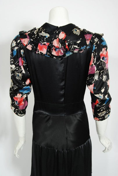 1930&#39;s Black Floral Print Silk Satin Tiered Bias-Cut Hourglass Deco Gown