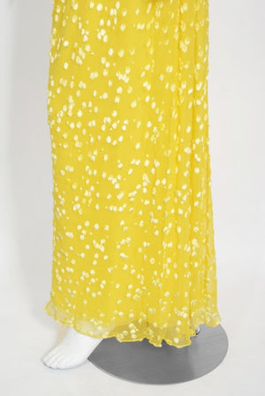 1970s Mollie Parnis Bright Yellow Flocked Silk One-Shoulder Feather Gown