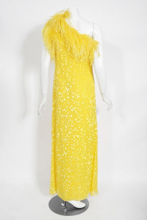 1970s Mollie Parnis Bright Yellow Flocked Silk One-Shoulder Feather Gown