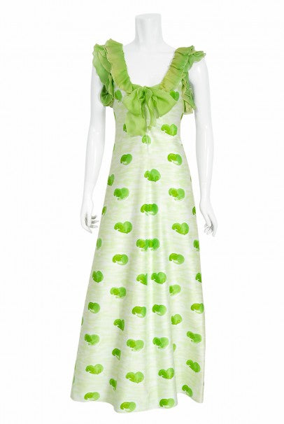 1974 Courreges Documented Green Print Cotton &amp; Ruffle Organza Gown