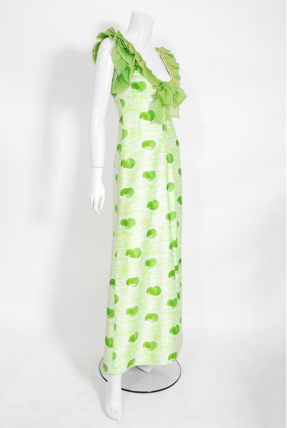 1974 Courreges Documented Green Print Cotton &amp; Ruffle Organza Gown