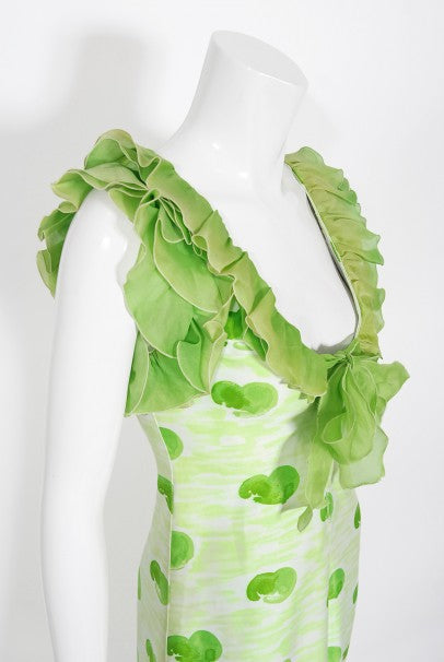 1974 Courreges Documented Green Print Cotton &amp; Ruffle Organza Gown
