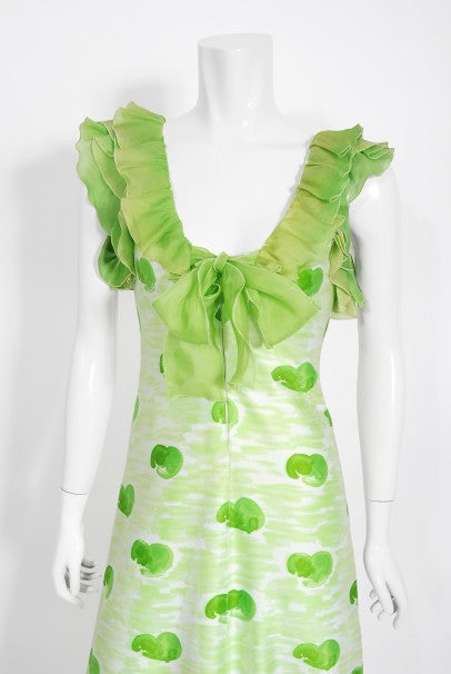 1974 Courreges Documented Green Print Cotton &amp; Ruffle Organza Gown