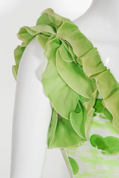 1974 Courreges Documented Green Print Cotton &amp; Ruffle Organza Gown