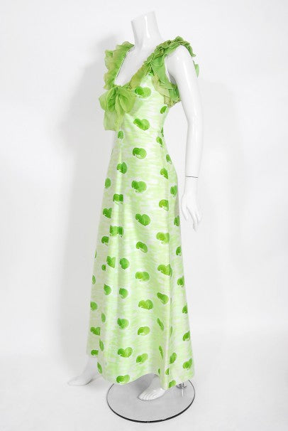 1974 Courreges Documented Green Print Cotton &amp; Ruffle Organza Gown