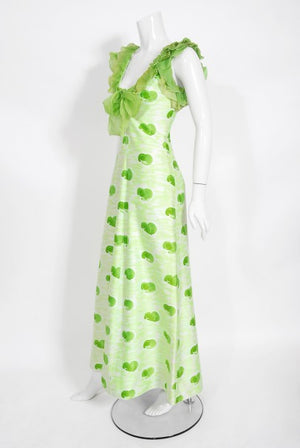 1974 Courreges Documented Green Print Cotton & Ruffle Organza Gown