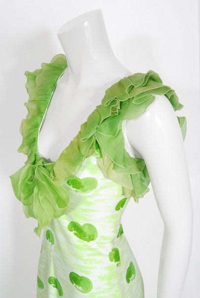 1974 Courreges Documented Green Print Cotton &amp; Ruffle Organza Gown