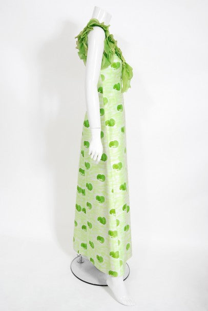 1974 Courreges Documented Green Print Cotton &amp; Ruffle Organza Gown