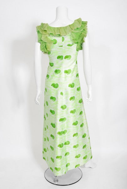 1974 Courreges Documented Green Print Cotton &amp; Ruffle Organza Gown