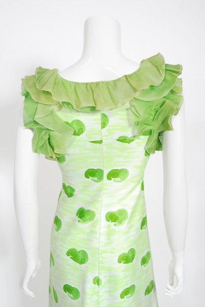 1974 Courreges Documented Green Print Cotton &amp; Ruffle Organza Gown