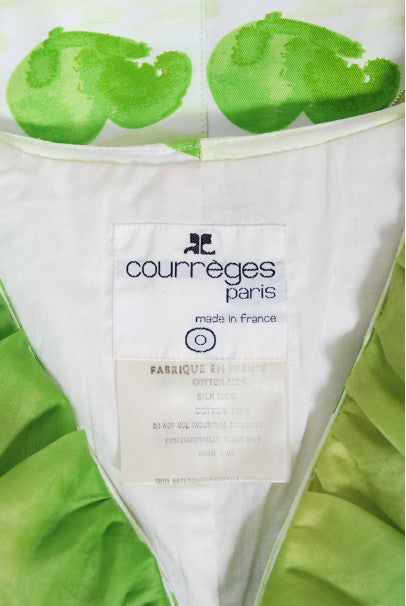 1974 Courreges Documented Green Print Cotton &amp; Ruffle Organza Gown