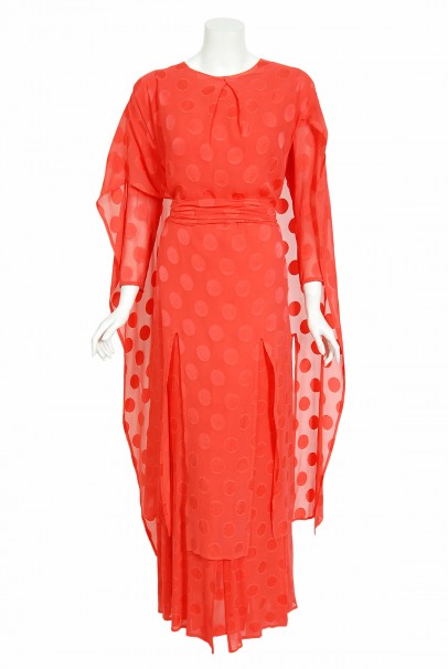 1973 Givenchy Haute Couture Orange Dotted Silk Carwash-Hem Caftan Gown