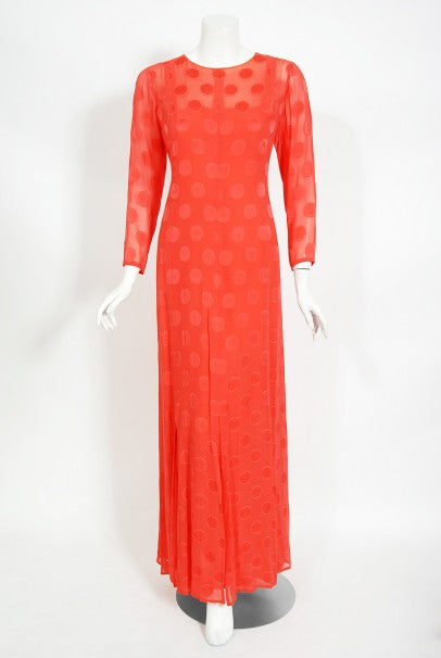 1973 Givenchy Haute Couture Orange Dotted Silk Carwash-Hem Caftan Gown