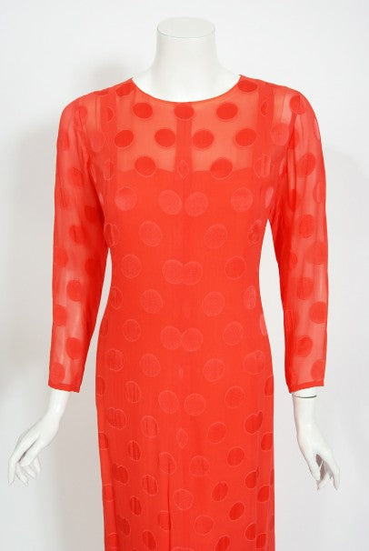 1973 Givenchy Haute Couture Orange Dotted Silk Carwash-Hem Caftan Gown