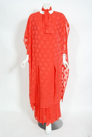 1973 Givenchy Haute Couture Orange Dotted Silk Carwash-Hem Caftan Gown