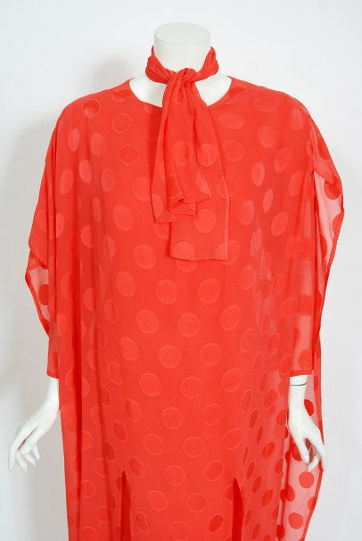1973 Givenchy Haute Couture Orange Dotted Silk Carwash-Hem Caftan Gown