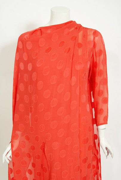 1973 Givenchy Haute Couture Orange Dotted Silk Carwash-Hem Caftan Gown
