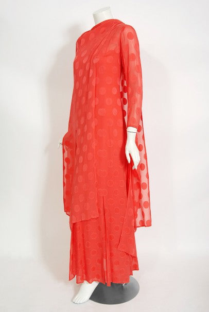 1973 Givenchy Haute Couture Orange Dotted Silk Carwash-Hem Caftan Gown