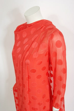 1973 Givenchy Haute Couture Orange Dotted Silk Carwash-Hem Caftan Gown