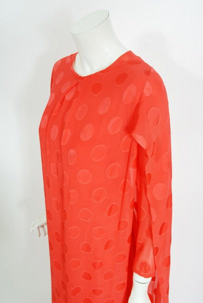 1973 Givenchy Haute Couture Orange Dotted Silk Carwash-Hem Caftan Gown