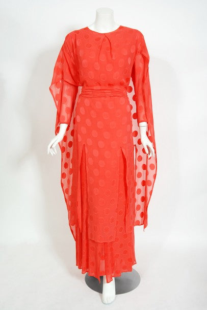 1973 Givenchy Haute Couture Orange Dotted Silk Carwash-Hem Caftan Gown