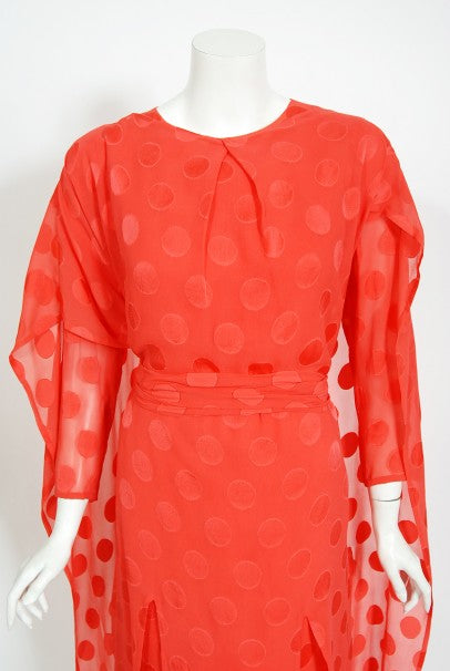1973 Givenchy Haute Couture Orange Dotted Silk Carwash-Hem Caftan Gown