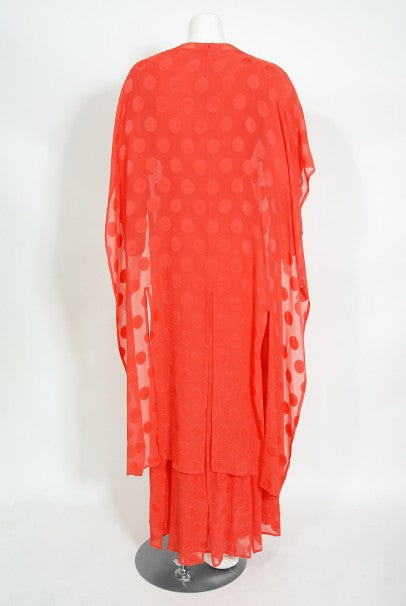1973 Givenchy Haute Couture Orange Dotted Silk Carwash-Hem Caftan Gown