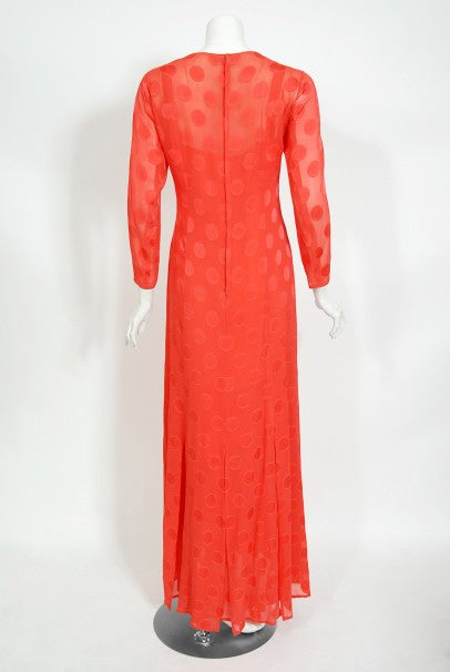 1973 Givenchy Haute Couture Orange Dotted Silk Carwash-Hem Caftan Gown