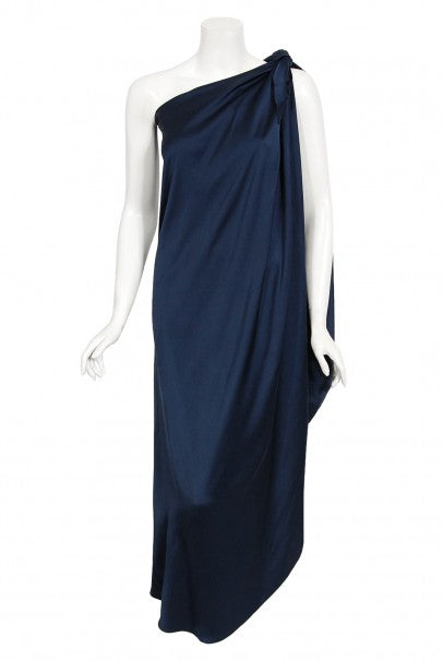 1976 Halston Couture Navy Silk Draped One-Shoulder Wrap Goddess Gown 1976 Halston Couture Navy Silk Draped One-Shoulder Wrap Goddess Gown