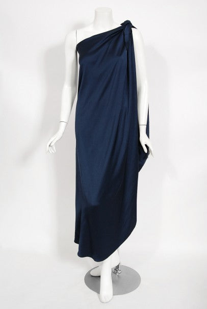 1976 Halston Couture Navy Silk Draped One-Shoulder Wrap Goddess Gown