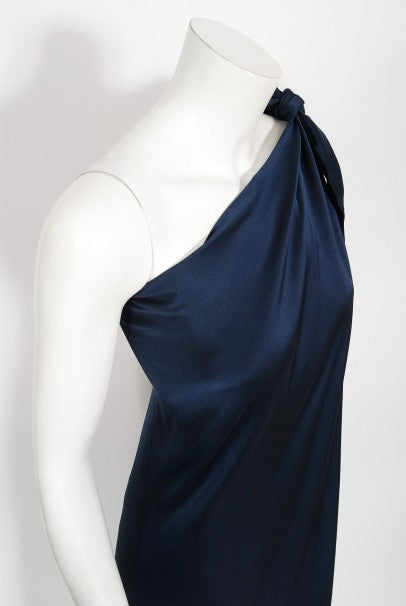1976 Halston Couture Navy Silk Draped One-Shoulder Wrap Goddess Gown