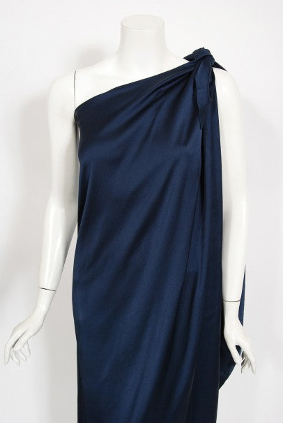 1976 Halston Couture Navy Silk Draped One-Shoulder Wrap Goddess Gown