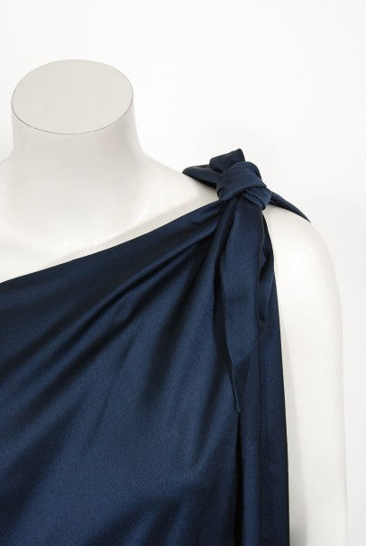 1976 Halston Couture Navy Silk Draped One-Shoulder Wrap Goddess Gown