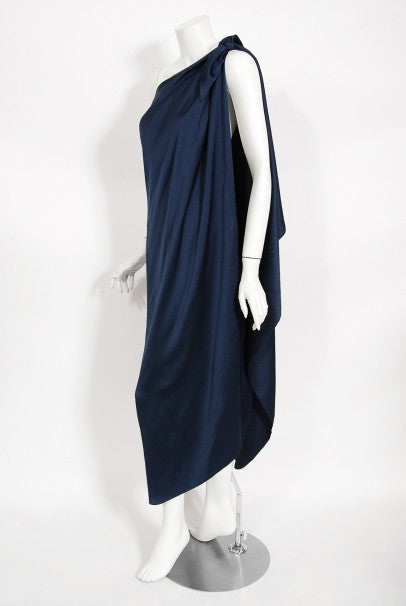 1976 Halston Couture Navy Silk Draped One-Shoulder Wrap Goddess Gown