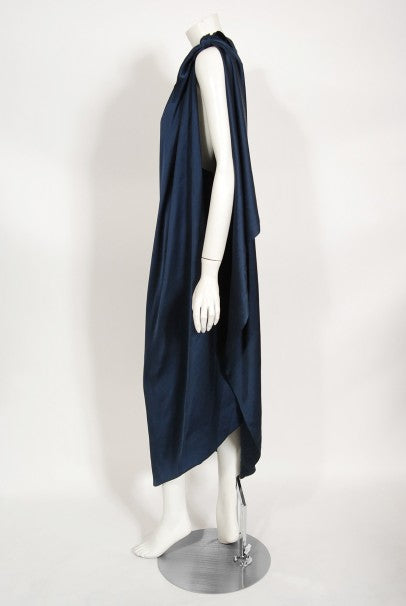 1976 Halston Couture Navy Silk Draped One-Shoulder Wrap Goddess Gown