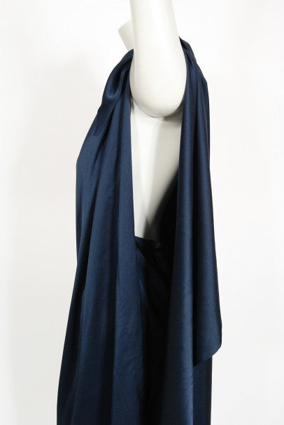 1976 Halston Couture Navy Silk Draped One-Shoulder Wrap Goddess Gown