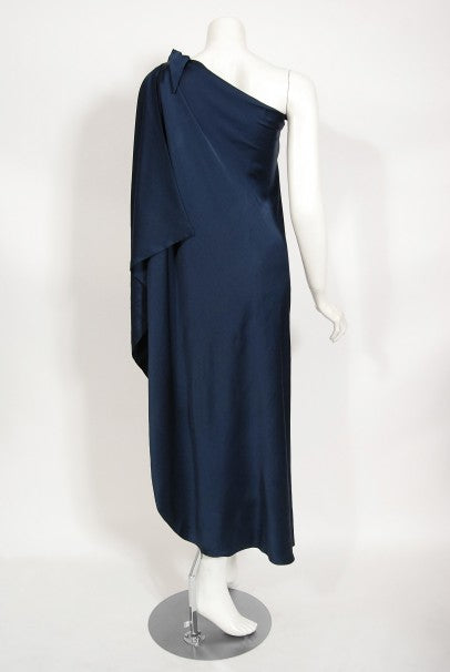 1976 Halston Couture Navy Silk Draped One-Shoulder Wrap Goddess Gown