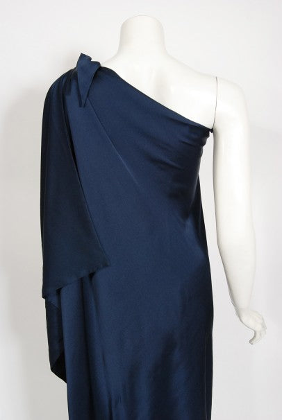 1976 Halston Couture Navy Silk Draped One-Shoulder Wrap Goddess Gown