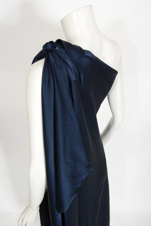 1976 Halston Couture Navy Silk Draped One-Shoulder Wrap Goddess Gown