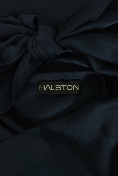 1976 Halston Couture Navy Silk Draped One-Shoulder Wrap Goddess Gown