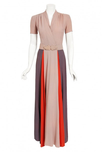 1940&#39;s New York Creation Taupe Block-Color Crepe Belted Maxi Dress Gown