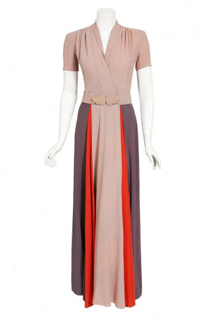 1940's New York Creation Taupe Block-Color Crepe Belted Maxi Dress Gown