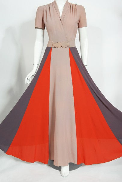 1940&#39;s New York Creation Taupe Block-Color Crepe Belted Maxi Dress Gown
