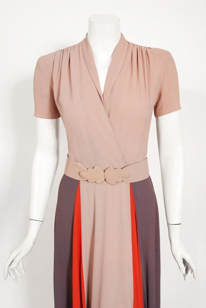 1940&#39;s New York Creation Taupe Block-Color Crepe Belted Maxi Dress Gown