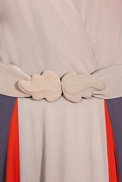 1940&#39;s New York Creation Taupe Block-Color Crepe Belted Maxi Dress Gown