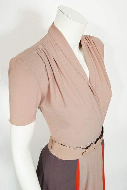 1940&#39;s New York Creation Taupe Block-Color Crepe Belted Maxi Dress Gown
