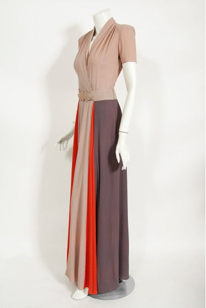 1940&#39;s New York Creation Taupe Block-Color Crepe Belted Maxi Dress Gown